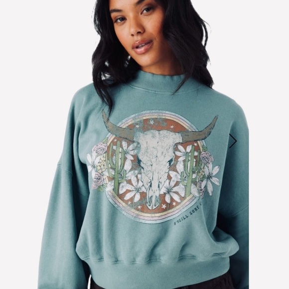 O'Neill Like New Fleece Crew Neck Sweatshirt in Turquoise Skull Print Size M - Picture 4 of 8